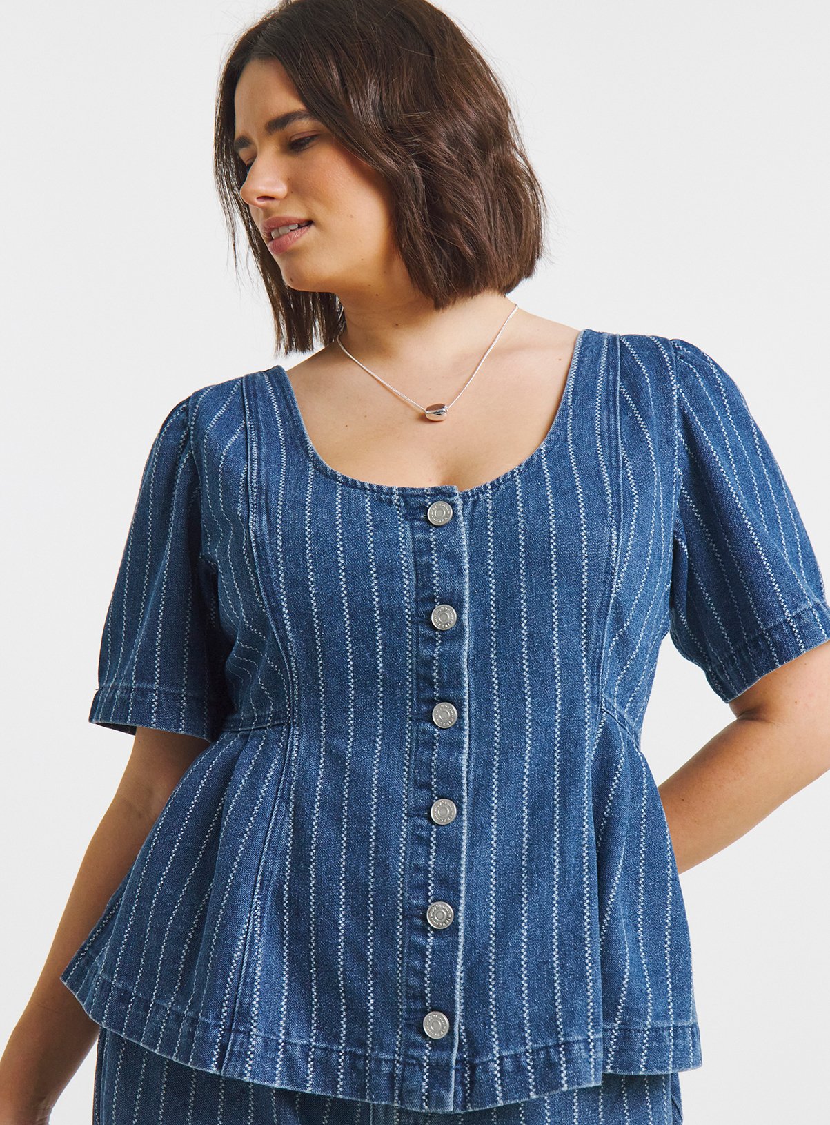 SIMPLY BE Blue Jacquard Denim Stripe Top Co-Ord 26 - Image 1 thumbnail